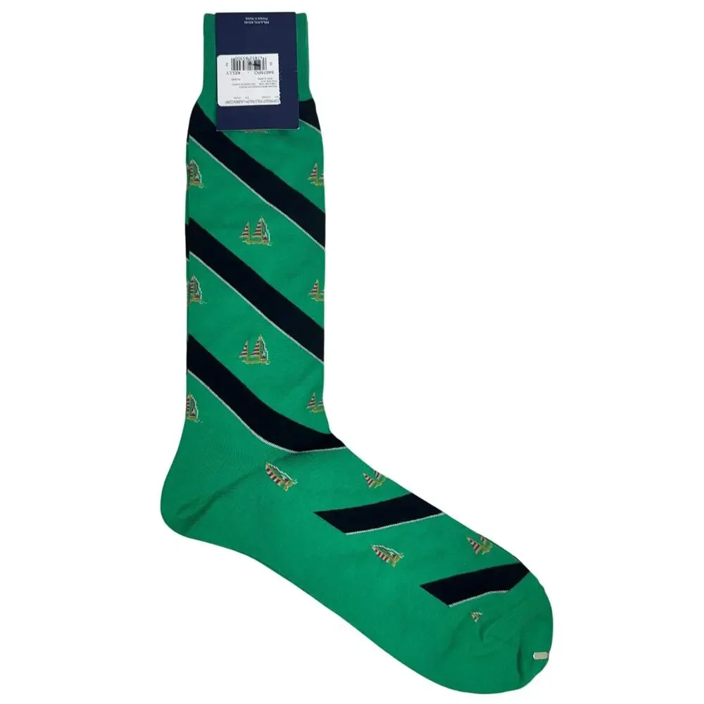 Polo Ralph Lauren Green Dress Socks Black Striped Sailboat Pattern Cotton Blend